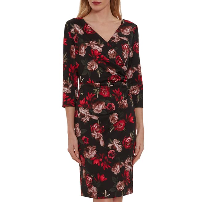 Gina Bacconi Black/Red Grecia Floral Wrap Dress