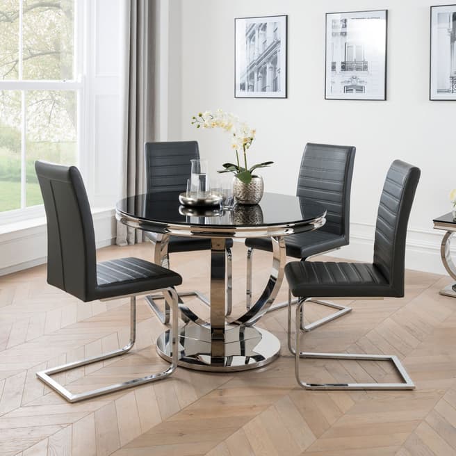 The Great Cabinet Company Philipe Round Black Dining Table & 4 Black Faux Leather Chairs