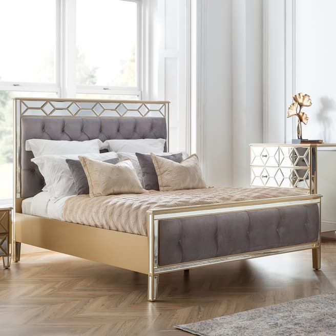 The Great Cabinet Company Elegance Gold Mirror Double Size Bed in Malta Velvet Grey