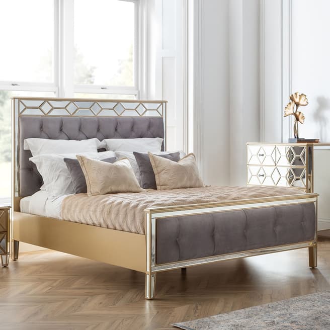 The Great Cabinet Company Elegance Gold Mirror King Size Bed in Malta Velvet Grey