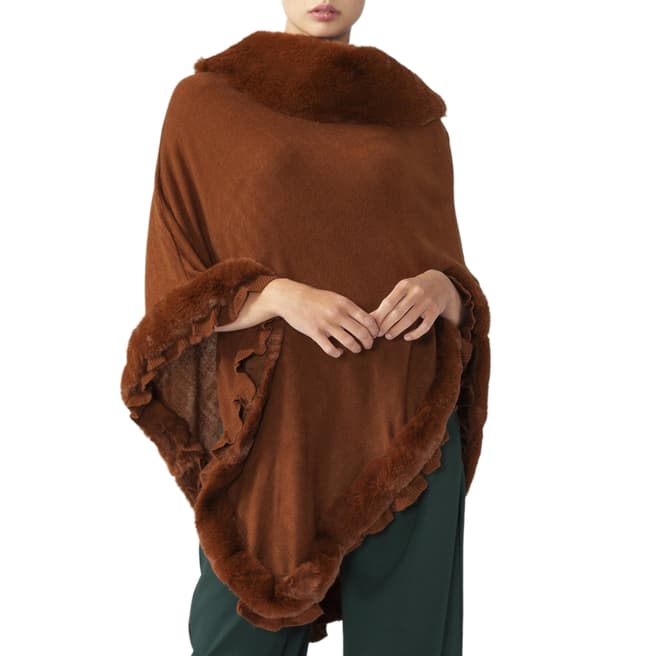 JayLey Collection Brown Knitted Poncho With Faux Fur Trim