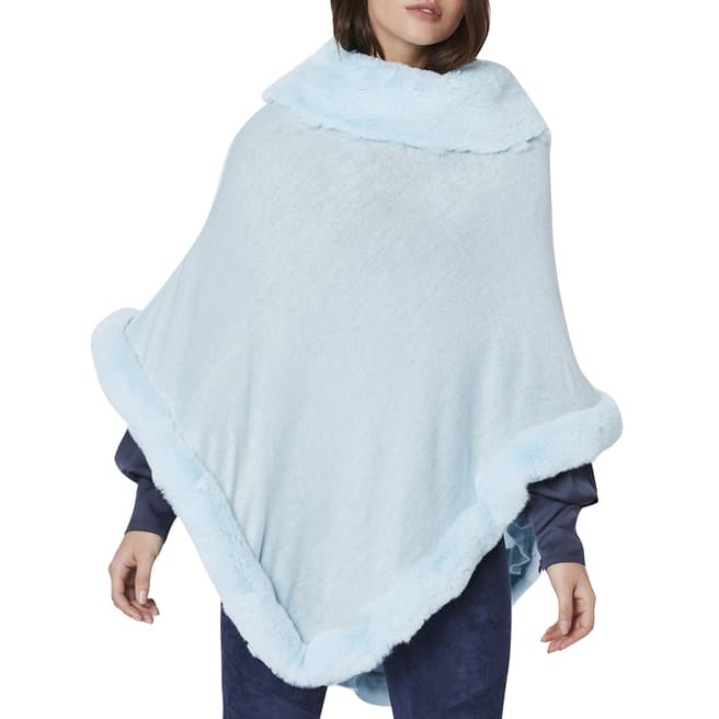 JayLey Collection Blue Knitted Poncho With Faux Fur Trim