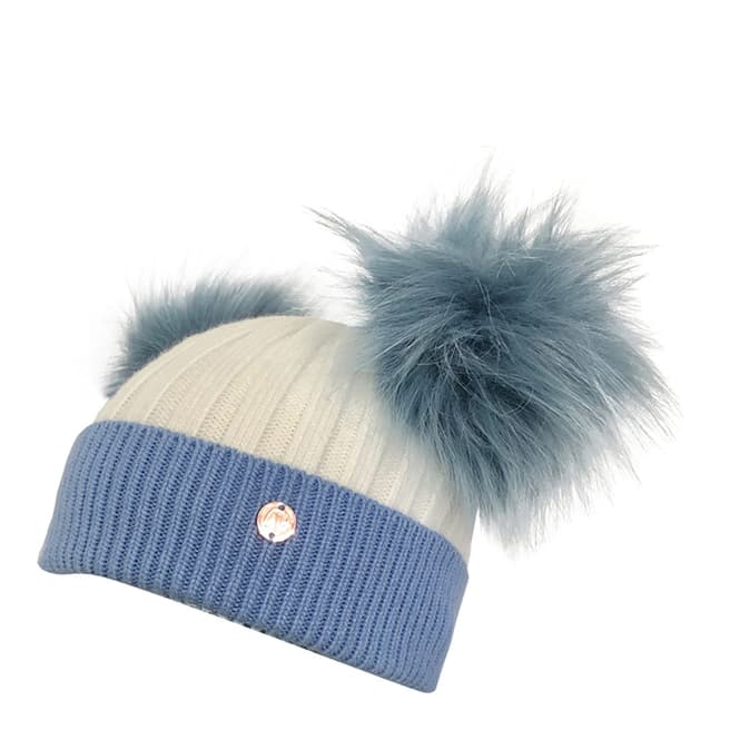 Look Like Cool Blue/White Cashmere Pom Pom Beanie Hat