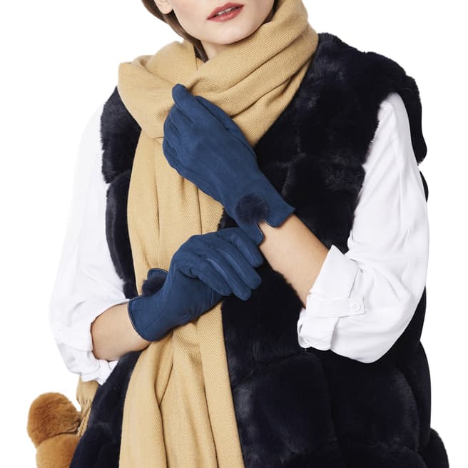 JayLey Collection Blue Faux Suede Gloves With Faux Fur Pom