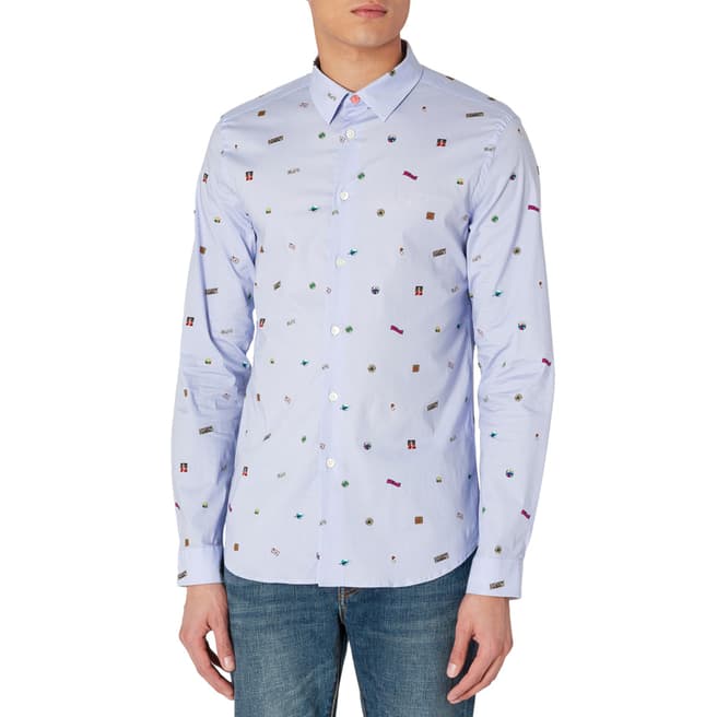 PAUL SMITH Blue Patterned Cotton Stretch Shirt
