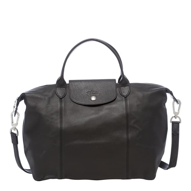 Longchamp Black Le Pliage Cuir Medium Top Handle Bag