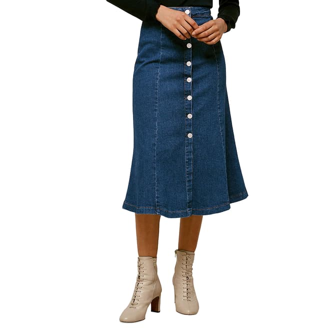 WHISTLES Dark Blue Button Cotton Denim Skirt