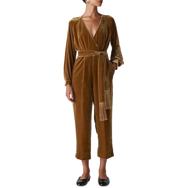 WHISTLES Gold Thea Wrap Silk Blend Jumpsuit