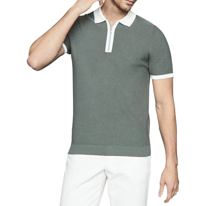 Reiss Khaki Tobago Textured Zip Cotton Polo Shirt