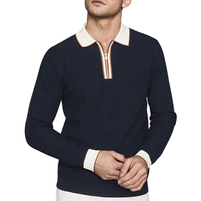 Reiss Navy Maurizio Textured Cotton Polo Shirt