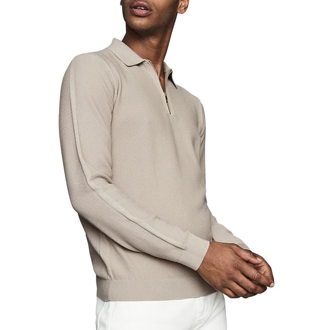 Reiss Taupe Rufus Textured Cotton Polo Shirt