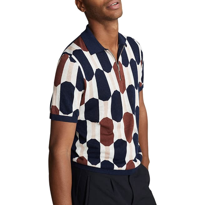 Reiss Navy/Multi Bramble Linen Blend Zip Polo Shirt