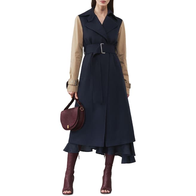 Victoria Beckham Navy Contrast Sleeve Wool Coat