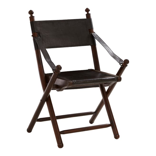 Fifty Five South Inca Folding Chair, Genuine Leather / Teak Wood, Black