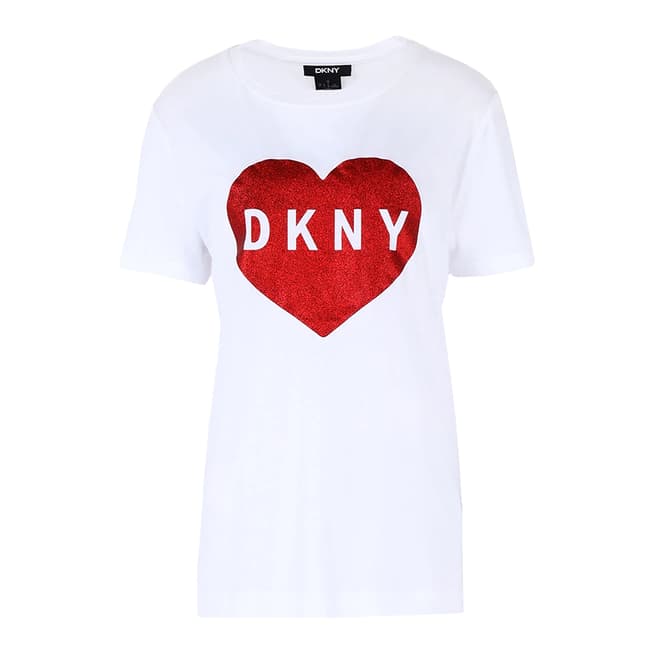 DKNY White/ Red Heart Glitter Logo T-Shirt