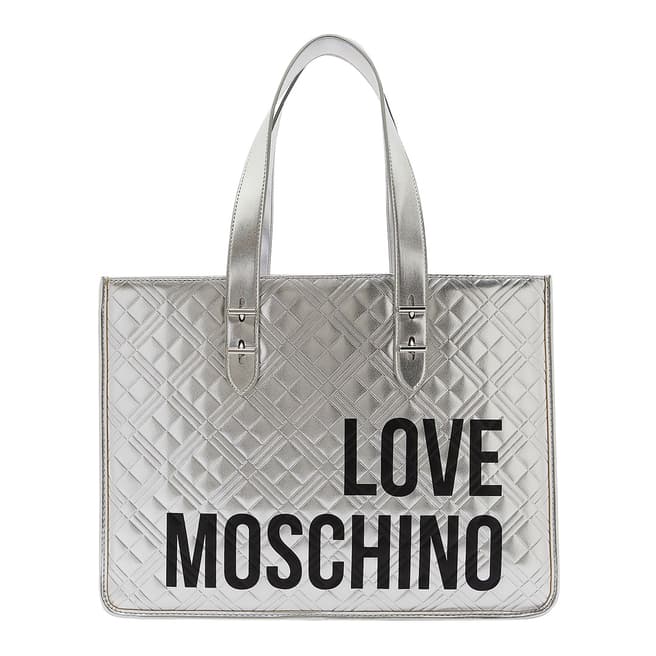 Love Moschino Silver Quilted Shoulder Bag With Text