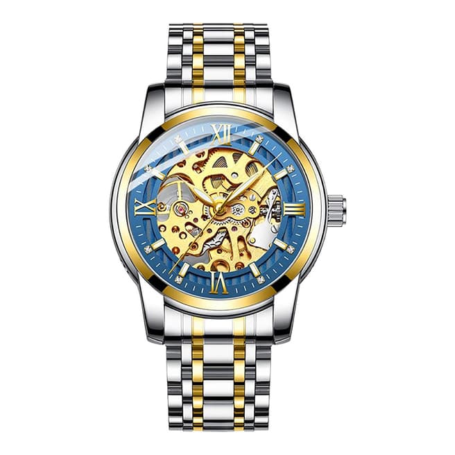 Stephen Oliver 18K Gold/Blue Dial Automatic Skeleton Watch