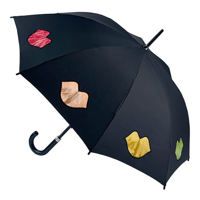 Lulu Guinness Black Rainbow Lips Kensington Umbrella