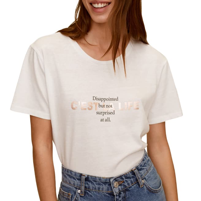 Mango White Printed Message T-Shirt
