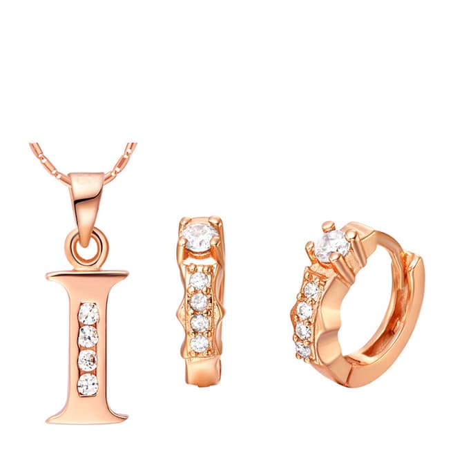 Ma Petite Amie Rose Gold Plated 'I' Initial Jewellery Set with Swarovski Crystals