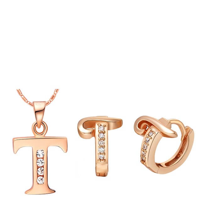 Ma Petite Amie Rose Gold Plated 'T' Initial Jewellery Set with Swarovski Crystals