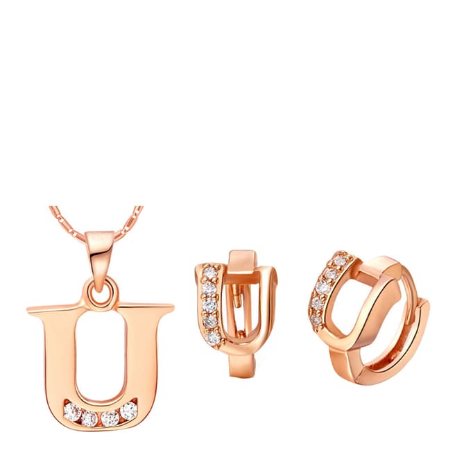 Ma Petite Amie Rose Gold Plated 'U' Initial Jewellery Set with Swarovski Crystals