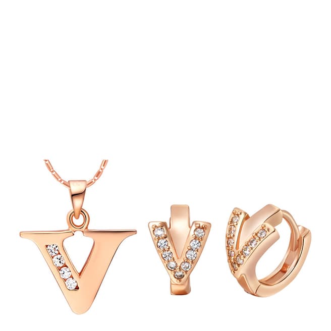 Ma Petite Amie Rose Gold Plated 'V' Initial Jewellery Set with Swarovski Crystals