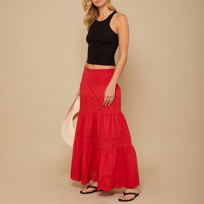 N°· Eleven Red Cotton Broderie Anglaise Maxi Skirt