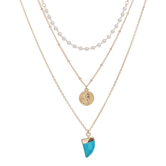 Chloe Collection by Liv Oliver 18K Gold Plated Layered Turquoise & Pearl Necklace