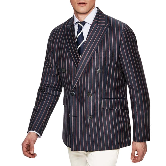 Hackett London Navy HRR Stripe Wool/Linen Blend Jacket