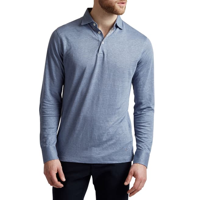 Hackett London Blue Trim Linen Long Sleeve Polo Shirt