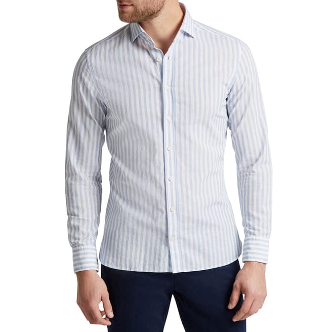 Hackett London Blue Stripe Cotton Linen Slim Shirt