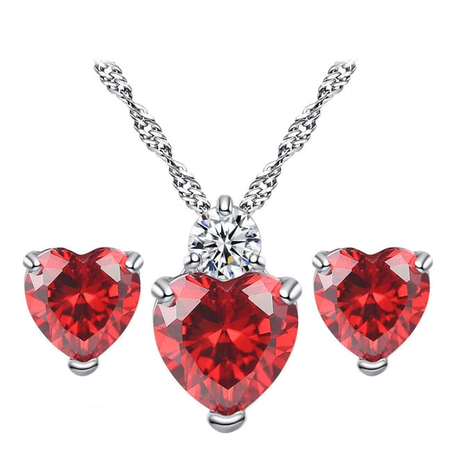 Ma Petite Amie Silver Plated/Red Earrings and Necklace Set with Swarovski Crystals