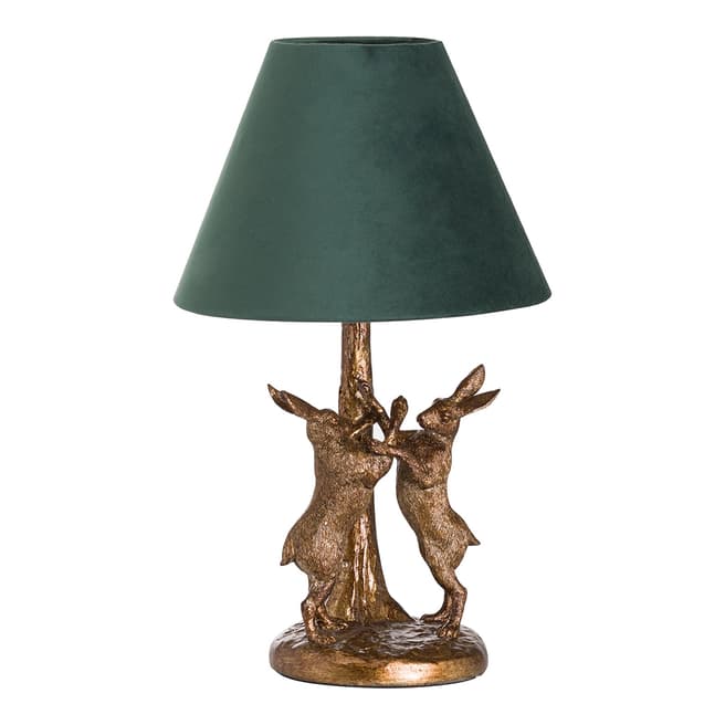 Hill Interiors Antique Gold Hares Lamp With Green Velvet Shade