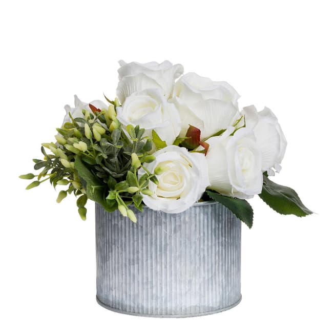 Hill Interiors White Rose Bouquet In Tin Pot