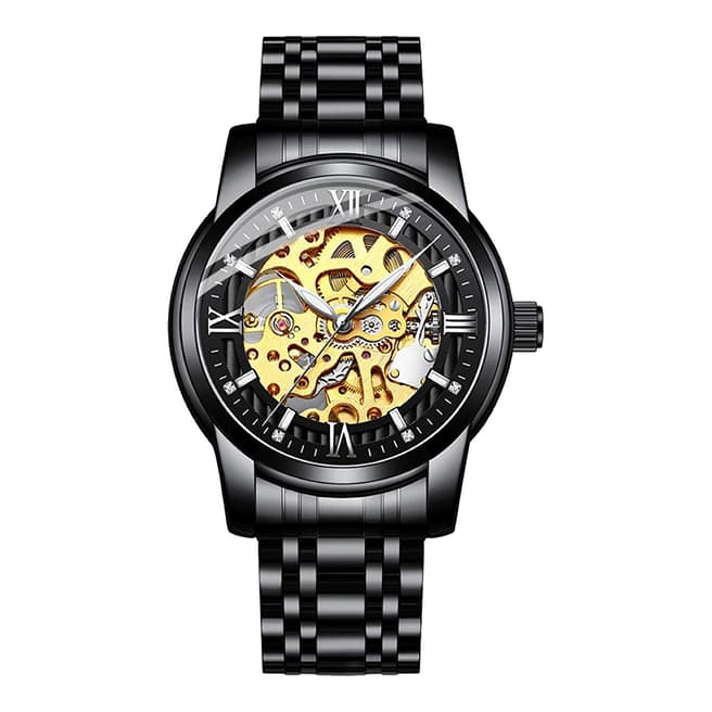 Stephen Oliver 18K Gold Plated Black Dial Skeleton Automatic Watch