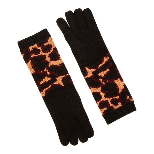 Lulu Guinness Black Tan China Red Wild Cat Knitted Gloves