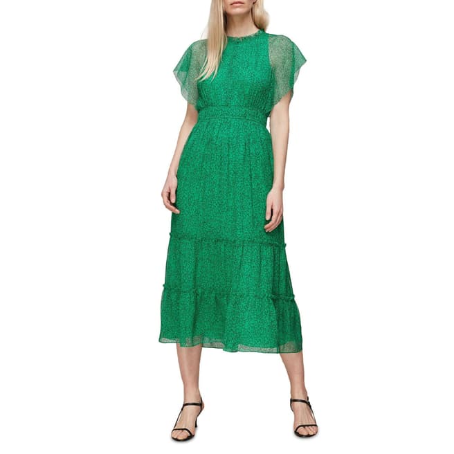 WHISTLES Green Sketched Floral Frill Dress