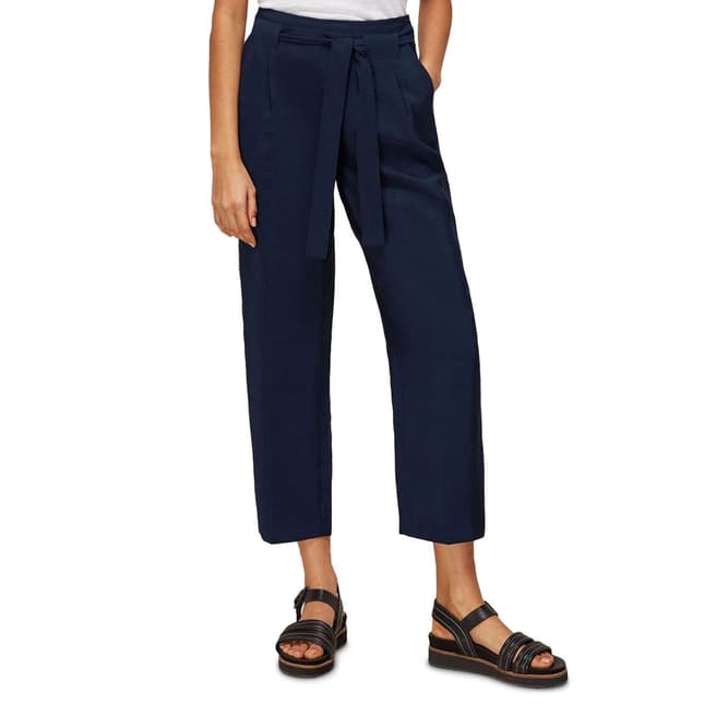 WHISTLES Navy Belted Casual Crop Trousers