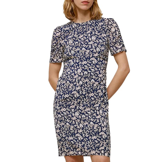 WHISTLES Navy Wheat Floral Silk Stretch Dress