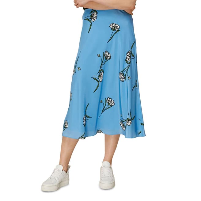 WHISTLES Blue Floral Silk Bias Skirt