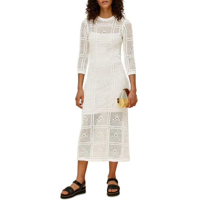WHISTLES White Crochet Knit Cotton Midi Dress