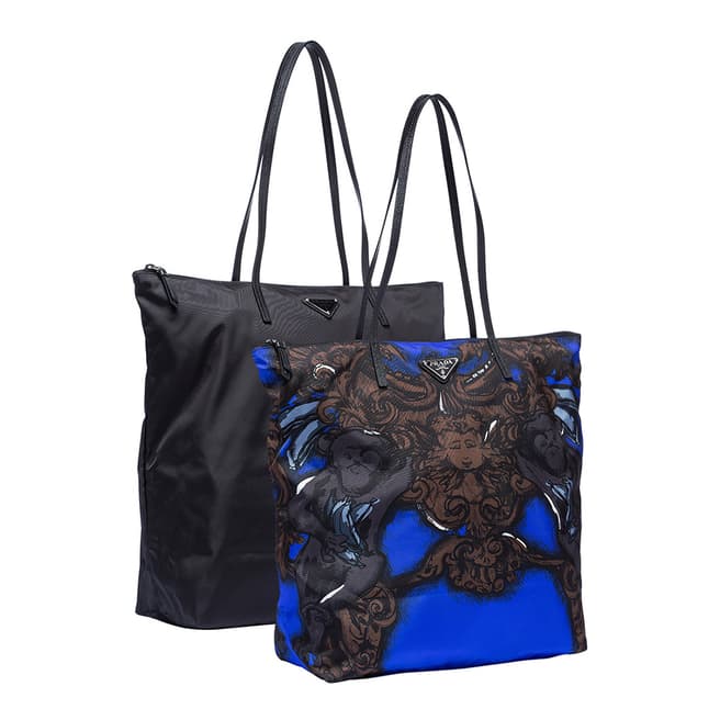 Prada Blue Printed/Black Nylon Shopper Bag Set of 2
