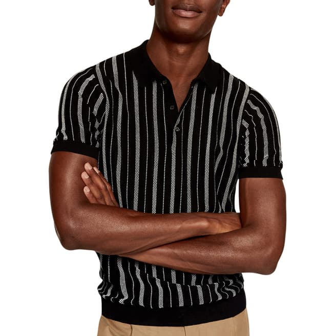 Mango Black Striped Knit Cotton Polo Shirt