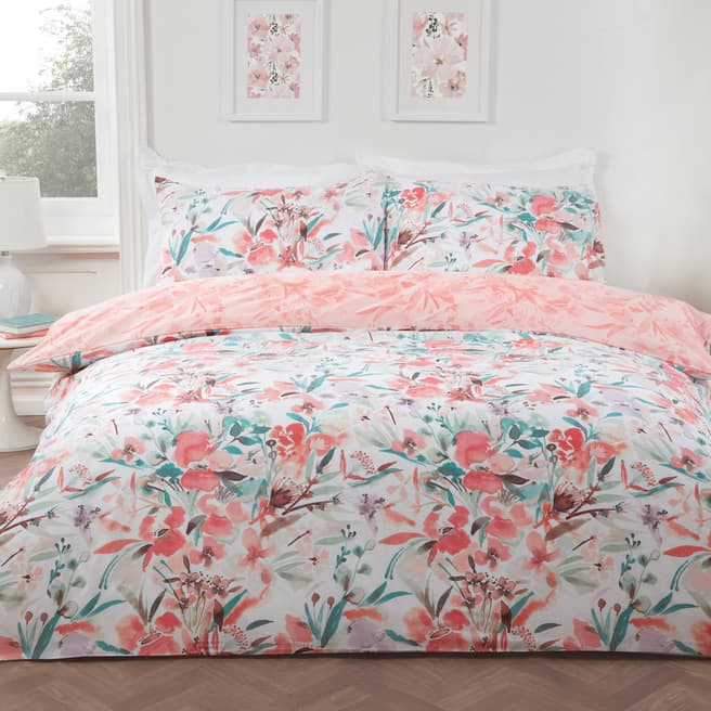 Sleepdown Watercolour Floral King Duvet Cover Set, Coral
