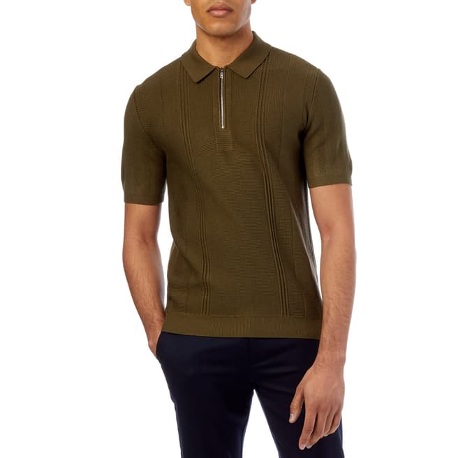 Reiss Olive Redford Textured Zip Polo Shirt