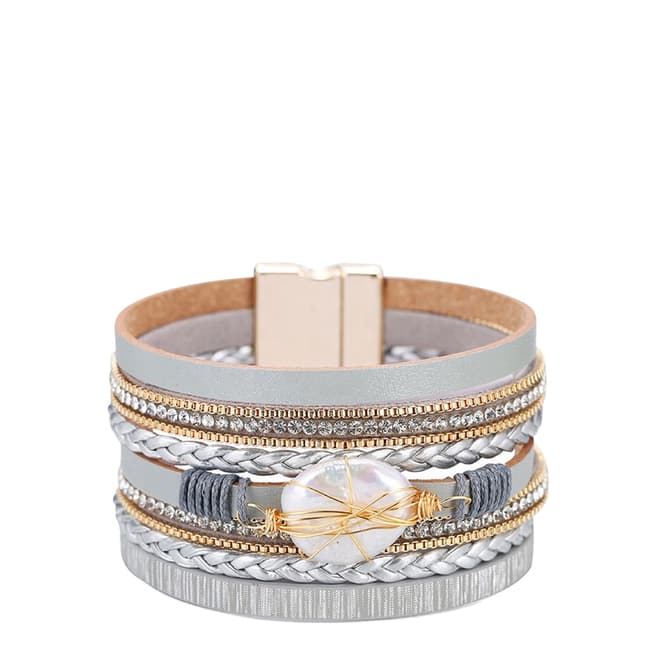 Chloe Collection by Liv Oliver 18K Gold Plated Grey Leather Pearl Bracelet