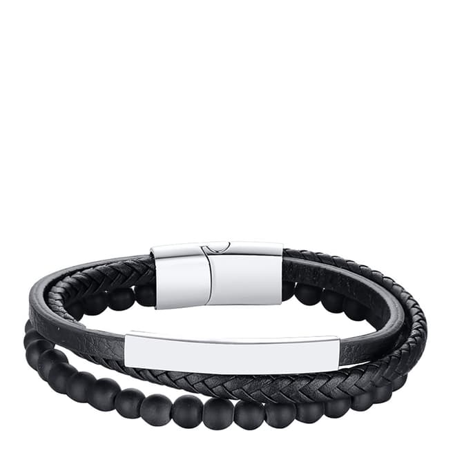 Stephen Oliver Silver Plated Multi Row Leather & Onyx Bracelet