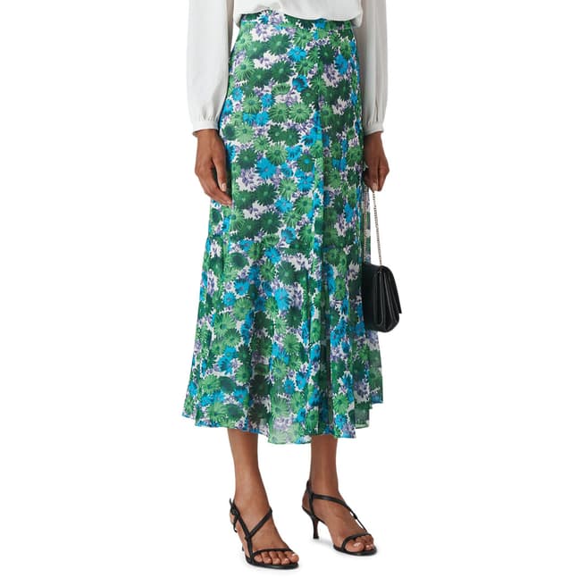 WHISTLES Green Zinnia Floral Midi Skirt