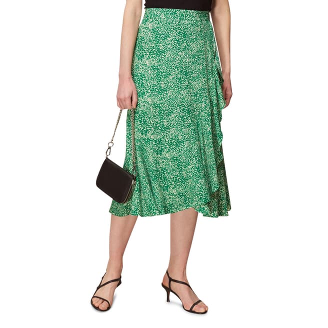WHISTLES Green Blot Animal Frill Midi Skirt